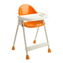 A modern orange and white high chair with a tray.