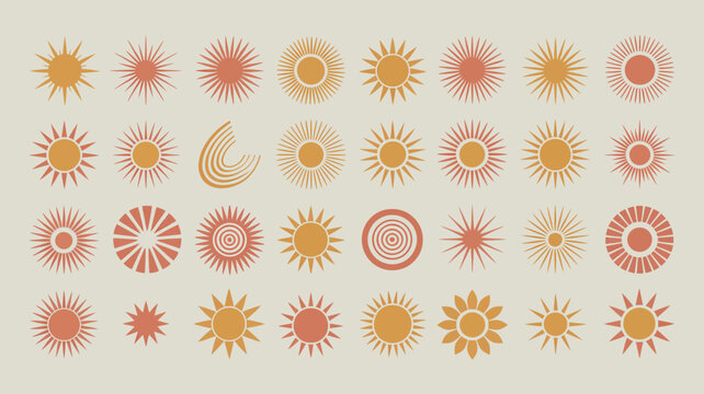 An assortment of stylized suns and celestial shapes are displayed in varying shades of orange and yellow tones high quality professional detailed modern elegant stylish clean