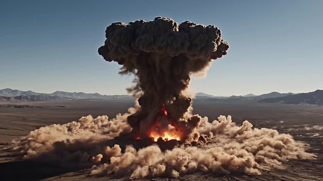 Desert Nuclear Explosion - A mushroom cloud rises high into the sky following a nuclear explosion in a desert landscape. A shockwave of dust and debris expands outward at ground level.