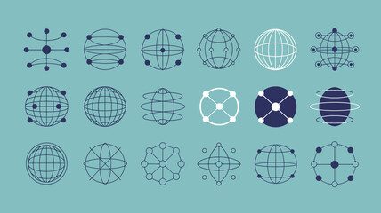 A collection of geometric wireframe sphere and polyhedron illustrations in varying complexities and shades of blue high quality professional detailed modern elegant stylish clean crisp vibrant