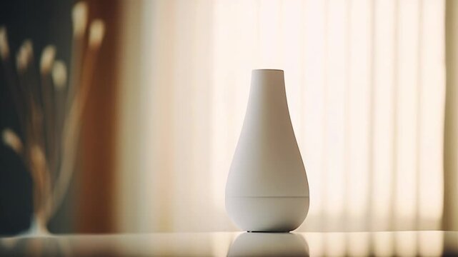 Modern electric aroma diffuser bringing tranquility and healthy air indoors, standing on a reflective surface in a bright room with soft sunlight filtering through curtains