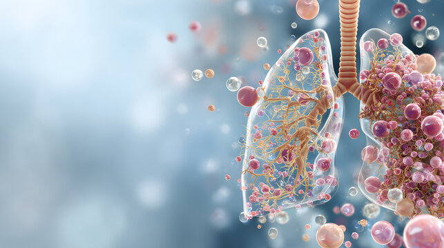 Transparent lung cutaway with bronchial tree and floating particles conveying respiratory infection and inflammation, scientific medical