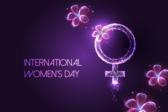  International Women Day digital celebration vector, Futuristic glowing female symbol with flowers