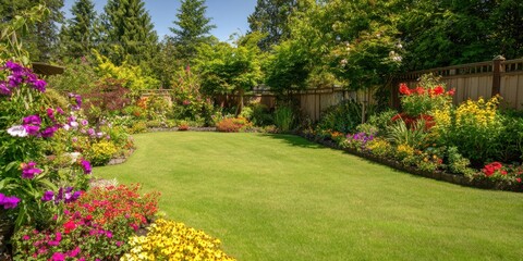 Obraz premium The Lawn in a Colorful Flower Garden on a Sunny Summer Day