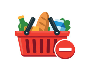 Fototapeta premium colored flat icon vector illustration isolated on white background shopping basket with few items and minus symbol avoiding impulse buys