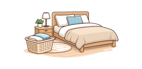 full color flat icon tidy laundry basket empty next to made bed visual calm no clutter environment for rest