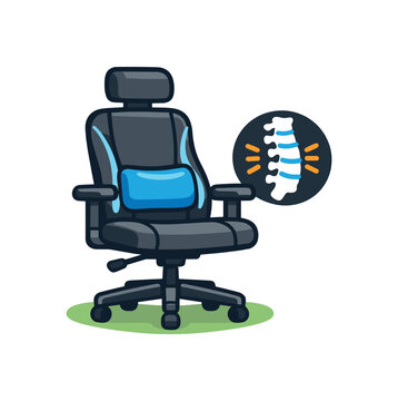 full color flat icon office chair with highlighted lumbar pillow curved backrest and small spine icon ergonomic sitting support