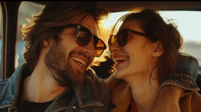A happy couple wearing sunglasses and laughing at sunset will create a warm and friendly atmosphere, which is suitable for advertising holidays or youth events.

