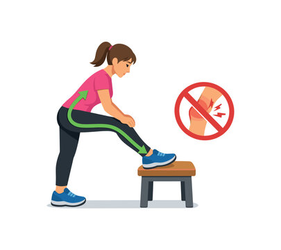 full color flat icon standing hamstring stretch pose heel on low stool soft arrow along back of leg no pain sign