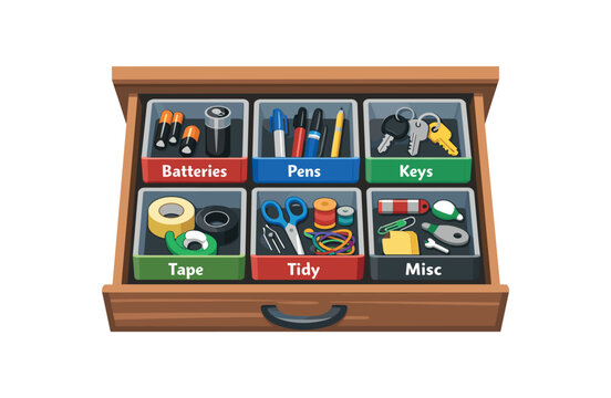 colored flat icon vector illustration isolated on white background open junk drawer with small labeled trays for batteries pens keys and tape tidy misc storage