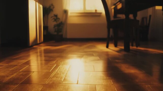 Golden sunlight streams through a window, casting warm reflections and long shadows across antique hardwood parquet in a cozy, tranquil home interior, empty and serene