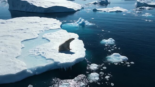 Polar Bear on Melting Ice Floe in Arctic Waters - A polar bear stands on a shrinking ice floe surrounded by the vast Arctic Ocean, highlighting the impacts of climate change.
