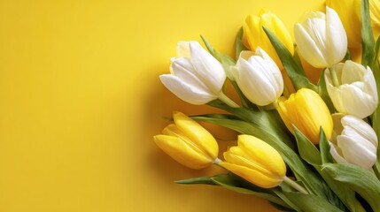 Obraz premium Yellow and white tulips on vibrant yellow background.