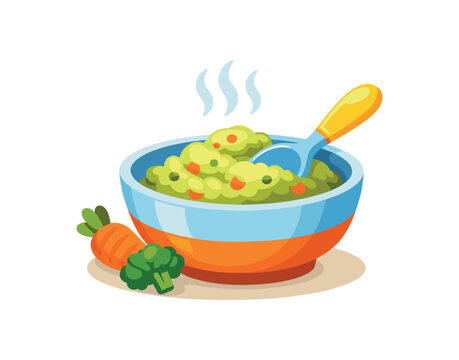 colored flat icon vector illustration isolated on white background bowl of mashed vegetables with spoon warm homemade baby meal