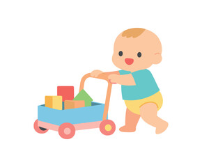 Naklejka premium colored flat icon vector illustration isolated on white background baby pushing simple walker cart with blocks inside practicing walking flat on white background cute kids palette clean