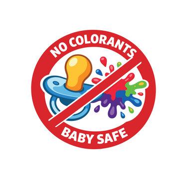 colored flat icon vector illustration isolated on white background round icon with pacifier and dye splash crossed baby care no colorants mark