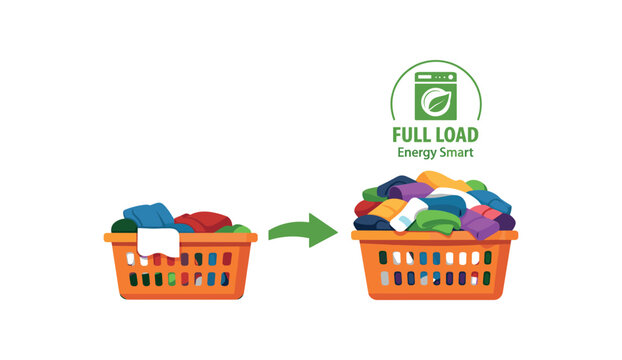colored flat icon vector illustration isolated on white background laundry basket only half full with small arrow to full load energy smart washing habit