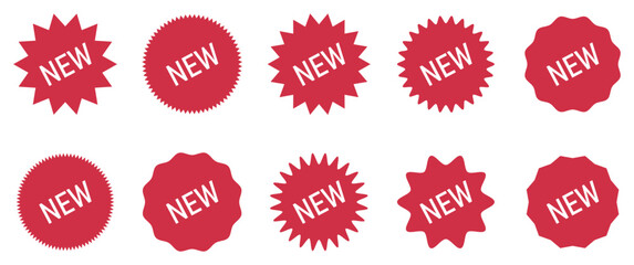 New sticker set. Set of red new badges icons with starburst and sticker shapes for sale promotion vector packs. Collection of new arrival rubber stamps with various designs.