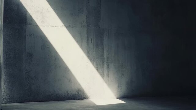 Striking light beam breaks through a window, intensely illuminating a section of a dark, empty concrete room, creating stark contrasts and a sense of hope, opportunity, and new beginnings