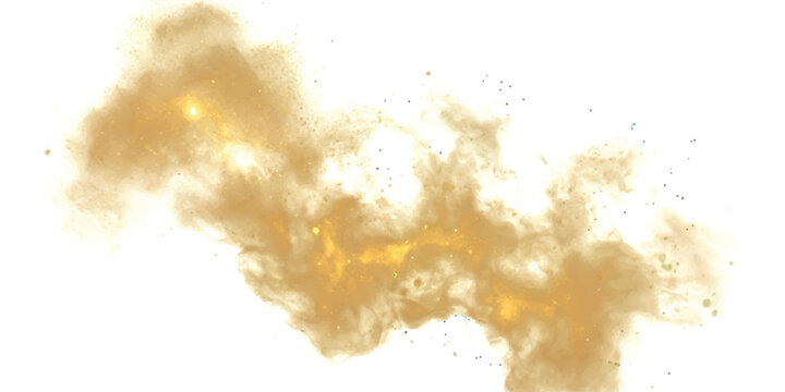 Dynamic golden dust cloud with particle dispersion and bright internal glow on white