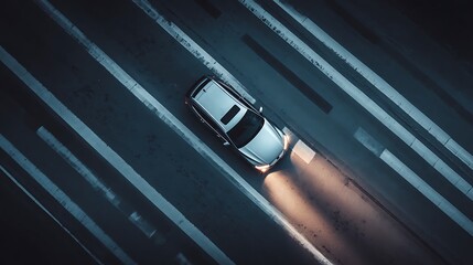 Car on crosswalk road aerial night view