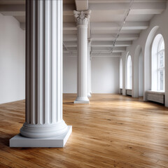 Naklejka premium Classic column white pillar wooden floor arched window empty hall sunlight architecture spacious interior