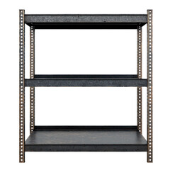 A metal shelving unit with three shelves, isolated on a white background.