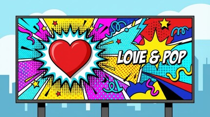 Vibrant pop art billboard features a bold red heart and 'LOVE POP' text Comic book style graphics with colorful patterns © 24DIY