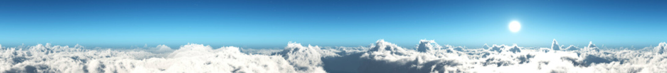 Long panorama of the sky from above, clouds banner, sunset above clouds, very long panorama of clouds, 3D rendering