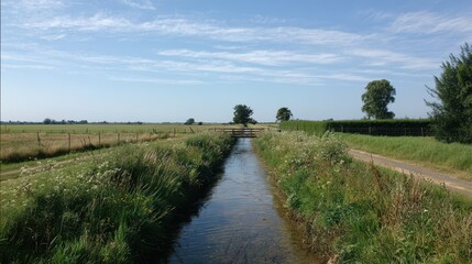 Obraz premium Rural farmland with a drainage ditch cutting through green fields under a clear blue sky