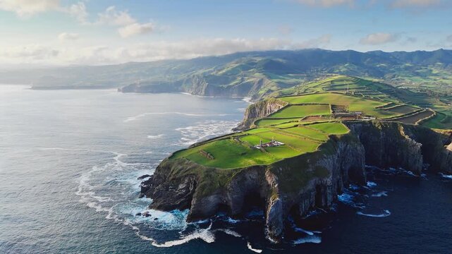 Volcanic cliffs and strong Atlantic waves at Cintrao headland in Azores, aerial view