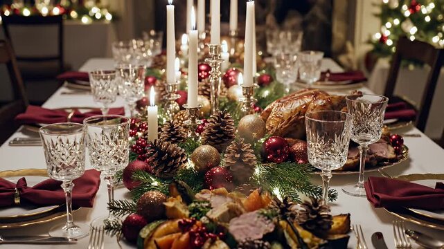 Christmas Dinner Table Setting - A beautifully decorated Christmas dinner table is set with crystal glasses, silverware, and red napkins, and centerpieces with candles, pine cones, and ornaments.