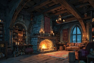 Fototapeta premium Rustic fantasy home interior featuring wooden floors and a glowing fireplace