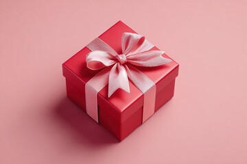 Valentine's Day gift box with heart shaped candies and confetti on rich red background. Shopping, sale, promotion concept.