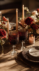 Romantic vintage inspired table setting with red wine glasses, candles and floral centerpiece creating warm intimate mood