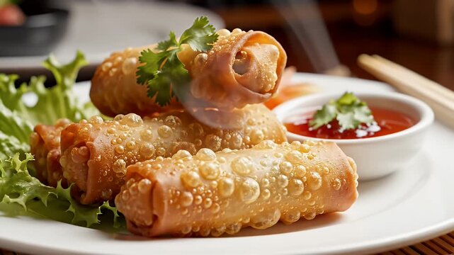 Crispy Fried Spring Rolls with Dipping Sauce - A plate of golden-brown spring rolls are arranged with fresh lettuce and garnished with cilantro.