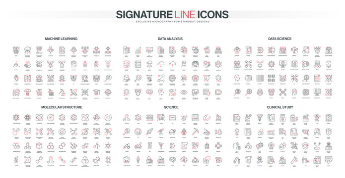 Comprehensive set of thin line icons covering machine learning, data analysis, data science, molecular structure, science, and clinical study topics isolated vector illustration