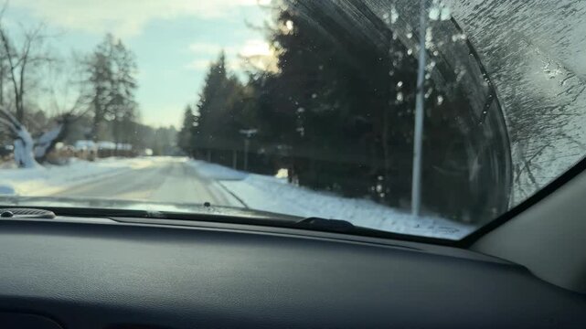 Driving POV Past Trees and Houses with Smeared Windshield. Driving through snowy village with smeared windshield catching sunlight. Camera captures movement past tall evergreen trees and fences.