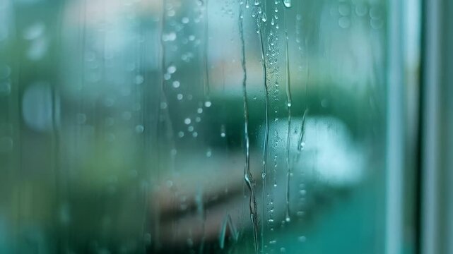 A yellow glove wipes the fogged-up glass, reminding us of the need to combat humidity and mould in our homes &mdash; the perfect atmospheric backdrop for advertising cleaning products or home care tips.
