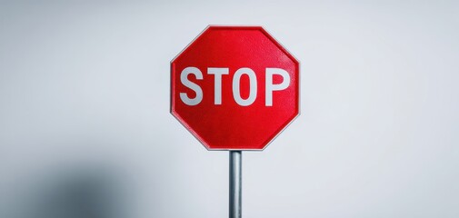 The stop sign on a metal pole against a clean white background