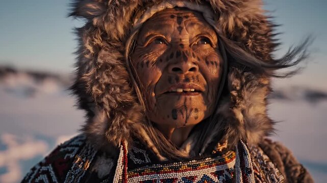 Portrait of a Traditional Inuit Woman - Close-up shot of an elderly Inuit woman with traditional facial tattoos wearing a fur-lined parka and beaded clothing.