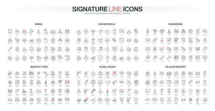 Comprehensive set of thin line icons covering mining, raw materials, engineering, industry types, global issues, oil and gas sectors, modern industrial concepts isolated vector illustration