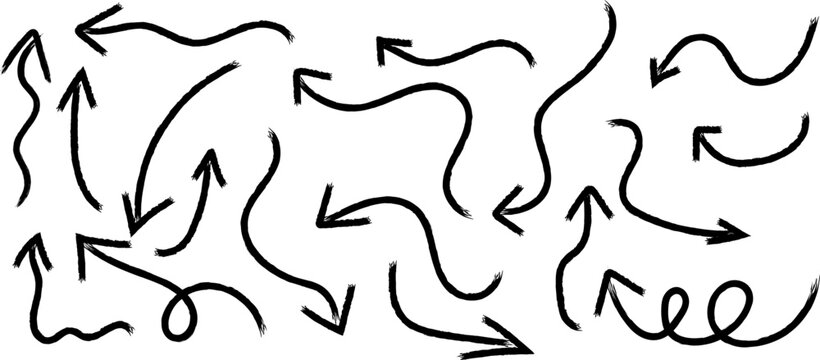 A chaotic arrangement of hand drawn black arrows pointing in various directions fills the white space suggesting movement and disorientation high-quality professional