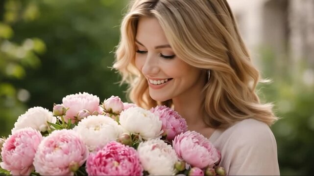 Woman holds a large bouquet of pink and white peonies, wearing a soft white blouse that complements the flowers, essence of springtime beauty and the joy of fresh blooms