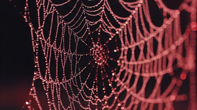 Dew Covered Spiderweb - A spiderweb is strung with droplets of dew creating a blurred pink web pattern. The background is a dark gradient from black to red.