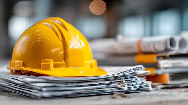 Yellow hard hat stack construction documents, safety compliance, engineering paperwork, building regulations, site management, contractor audits, permit approvals, occupational safety, risk control