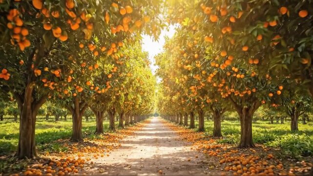 A scenic path through a vibrant orange grove reveals rows of lush trees heavy with ripe oranges. Sunlight filters through the foliage, accentuating the rich colors and serene beauty.