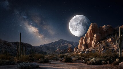 Brilliant full moon illuminates arid mountain landscape under a starry night sky
