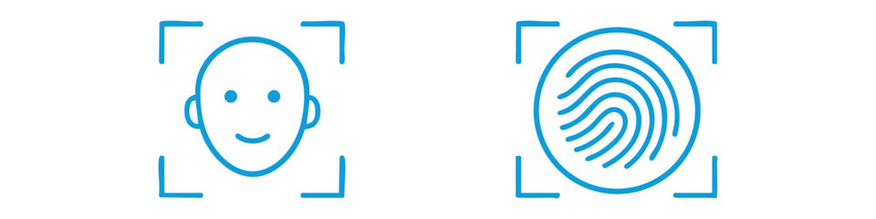 Biometric identification icon set featuring Face ID and Touch ID symbols. Ideal for security, authentication, mobile apps, UI, fintech, and technology projects. Includes black, blue, and light blue co