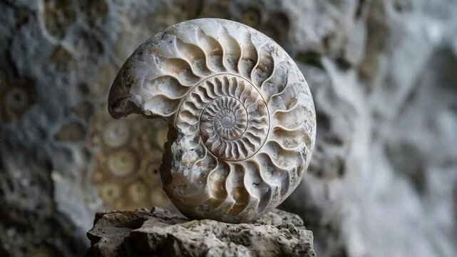 An ammonite shell on a rock highlights the beauty of ancient nature and its fragility in the face of climate change &mdash; a fitting backdrop for educational materials on palaeontology or ecology.
